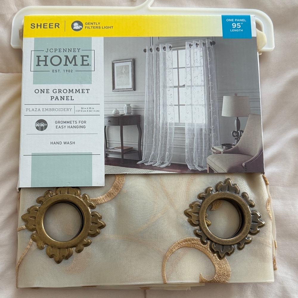 JC Penney Sheer Plaza Embroidery Grommet Curtain Panel in Cream and Gold